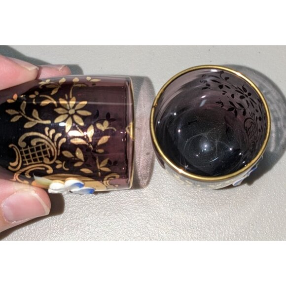 Vintage Amethyst Decanter Set 8 Hand-Painted Cups Gold Gilded Raised Floral Desi - Picture 14 of 16